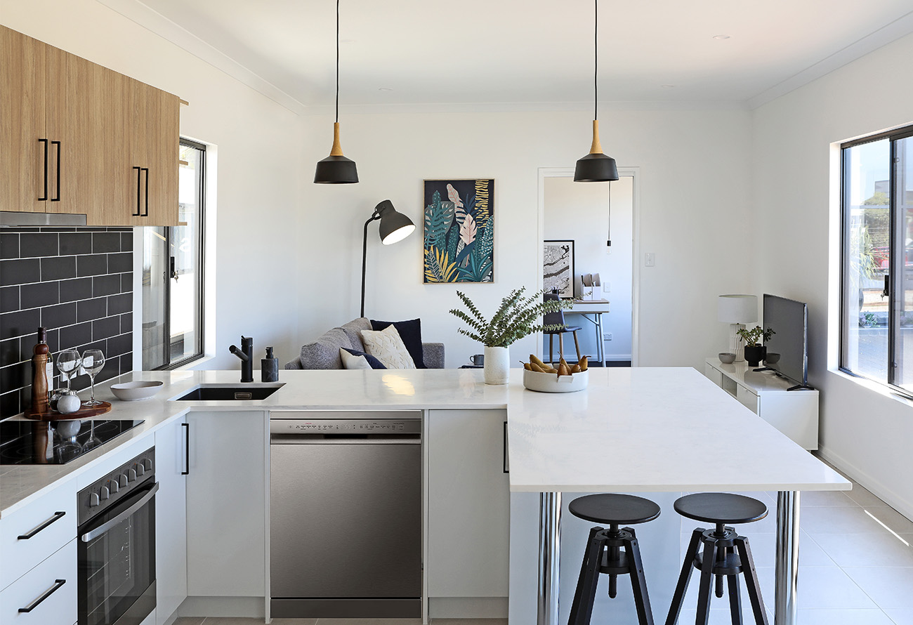 The kitchen area inside the Monaco modular home design