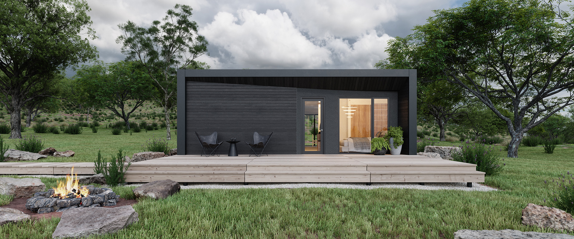 External view of the front porch of the Bold Boundaries prefab home