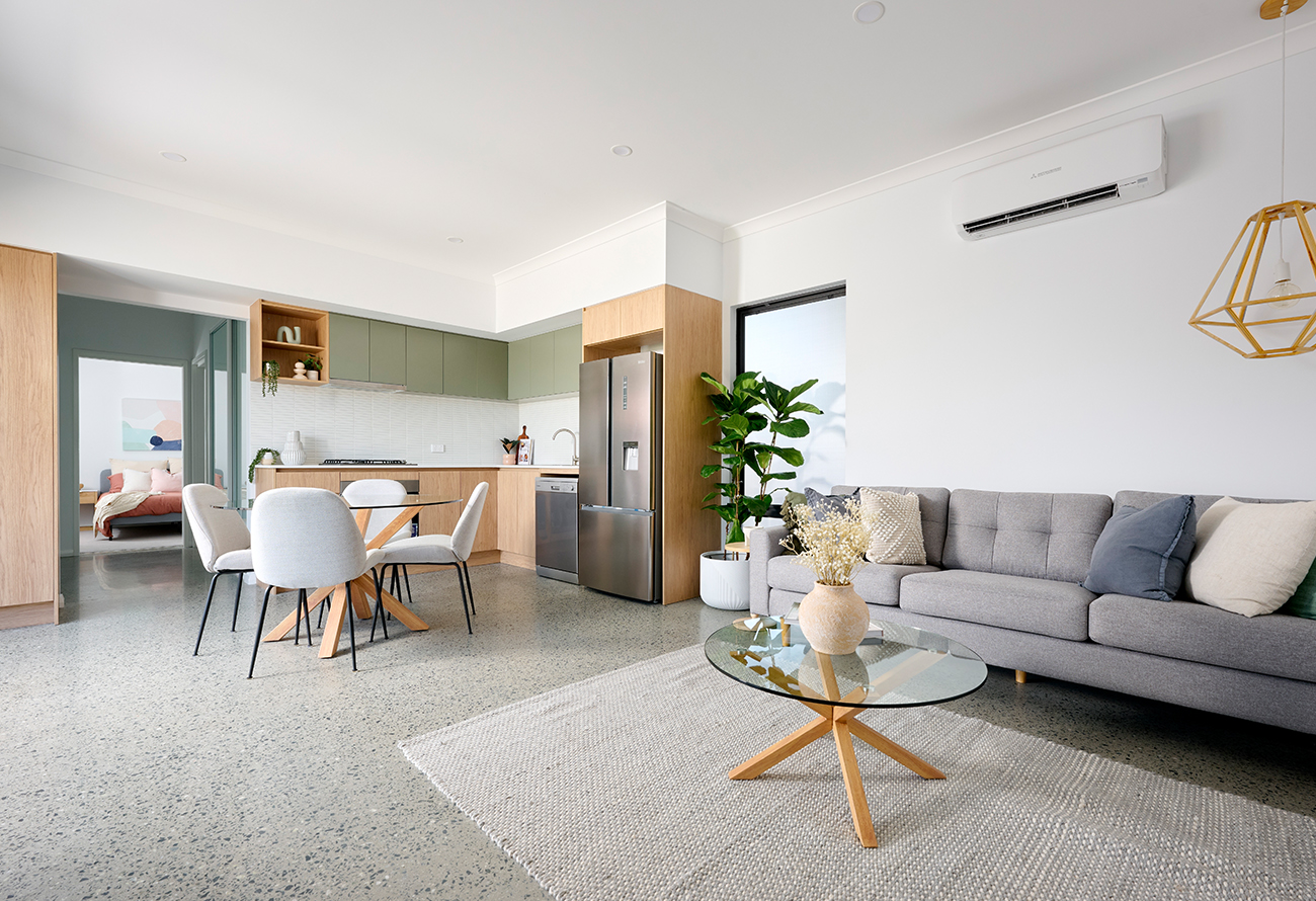 Wide angle internal shot of the Fitzroy living area by Fox Modular